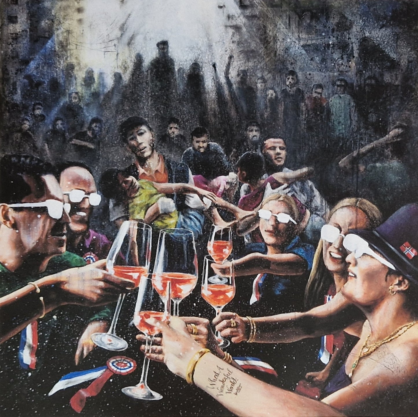 Dette kunsttrykket av Trond Berg-Nilssen viser en kraftfull kontrast mellom de feststemte personene i forgrunnen og den dystre realiteten i Gaza som de tilsynelatende ignorerer.