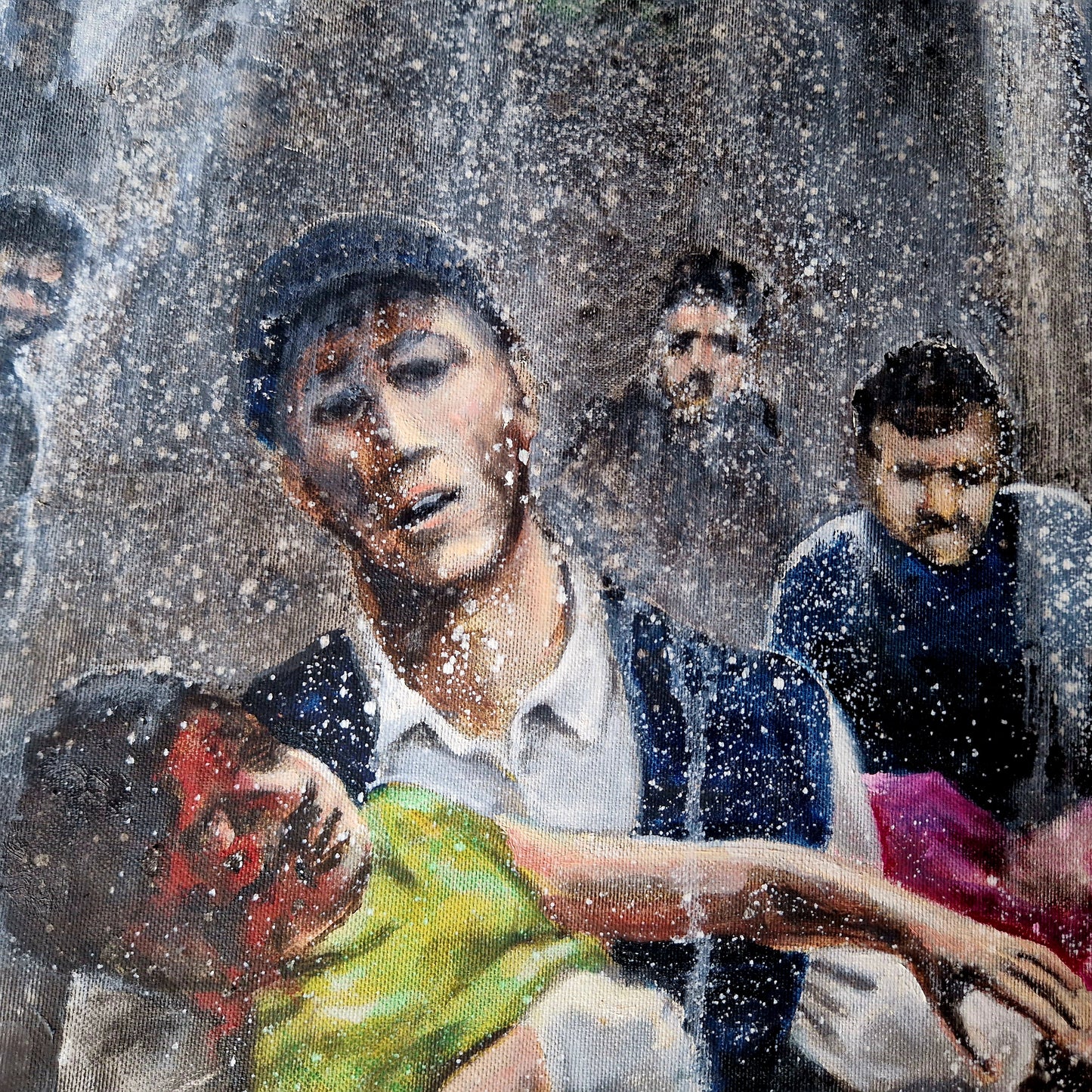 Dette store oljemaleriet av Trond Berg-Nilssen viser en kraftfull kontrast mellom de feststemte personene i forgrunnen og den dystre realiteten i Gaza som de tilsynelatende ignorerer.