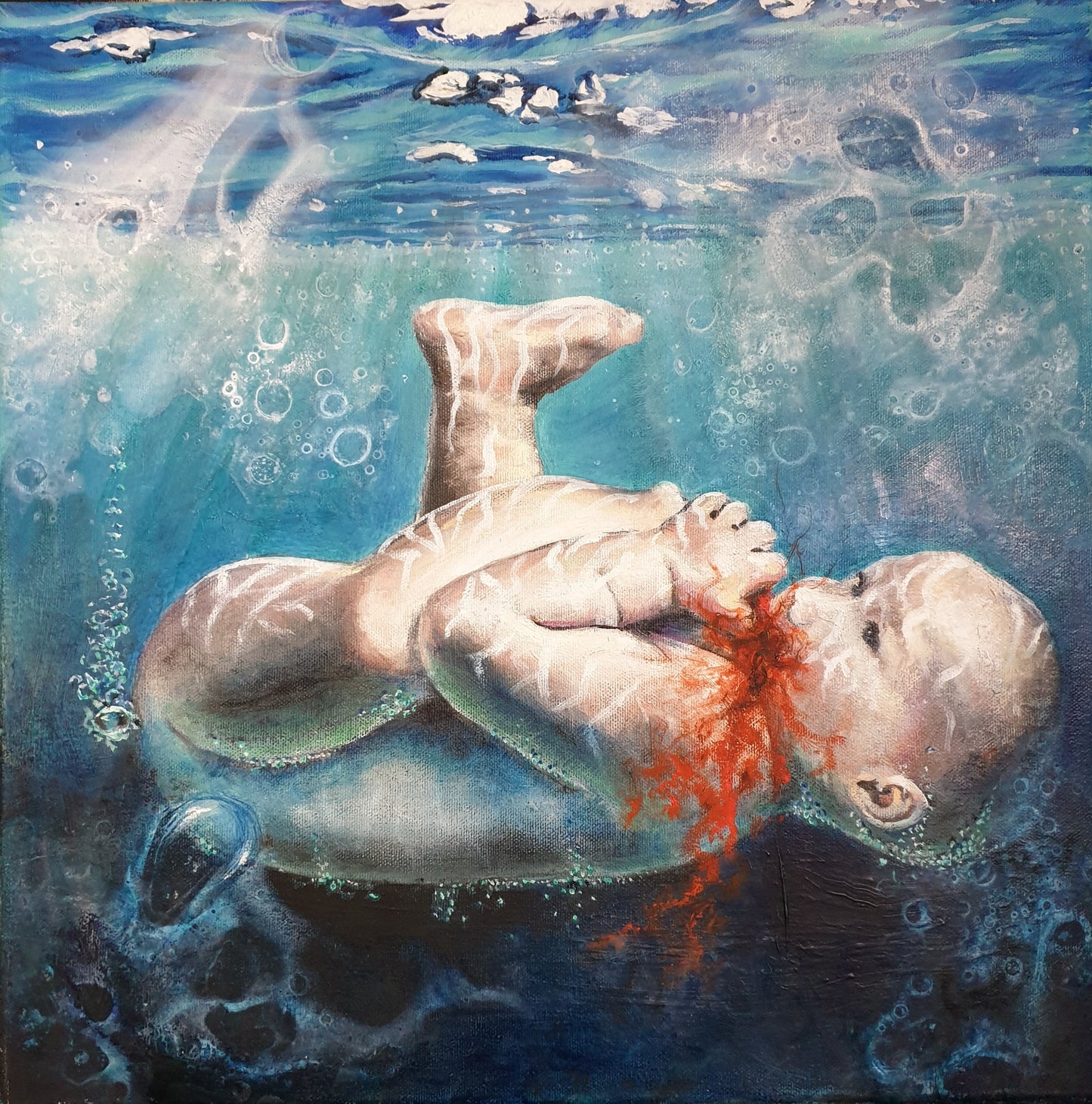 Dette kunsttrykket av Trond Berg-Nilssen skildrer en dyptgående og urovekkende kommentar om menneskets natur, hvor babyen under vann ser ut til å fortære seg selv.