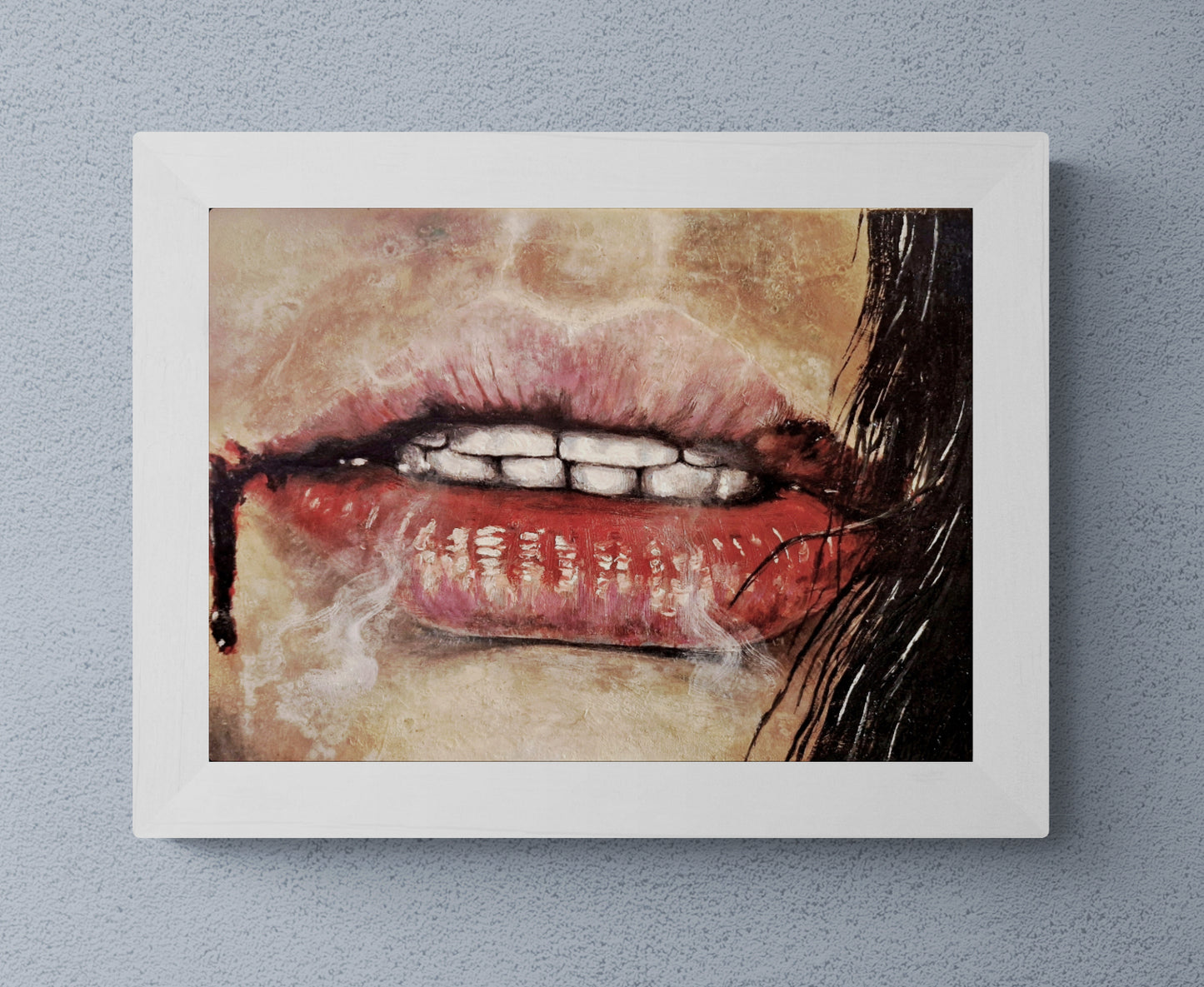 Dette kunsttrykket er en kraftfull utforskning av menneskets skjulte følelser og mørke aspekter. Blodet som renner tilfører en brutal og forstyrrende dimensjon.