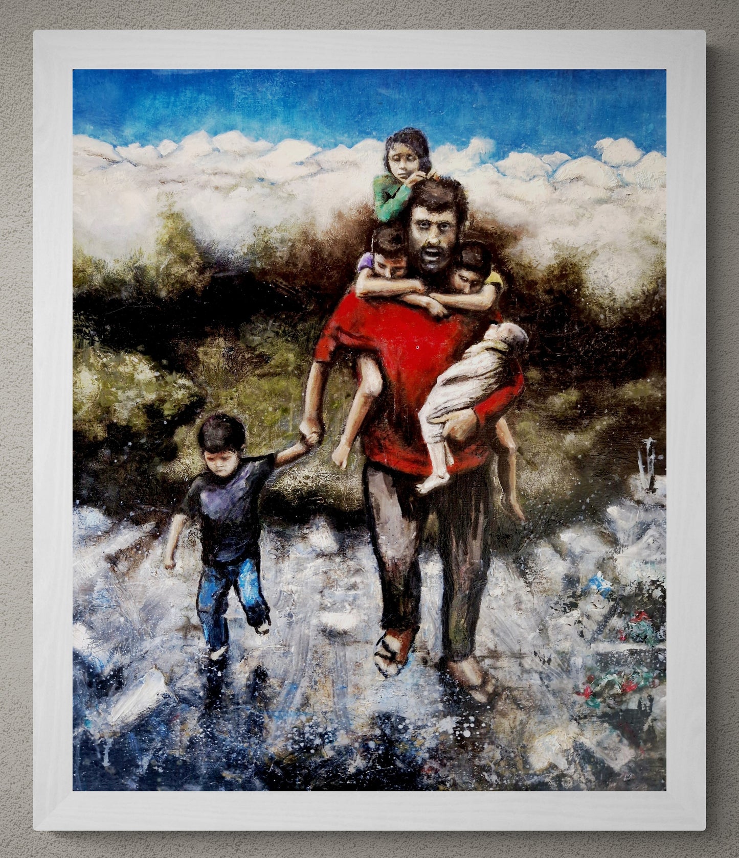 Dette kunsttrykket av Trond Berg-Nilssen er en kraftfull og gripende skildring av familiens kamp og utholdenhet i møte med motgang. De søkende, ansiktene til barna og den beskyttende kroppen til faren uttrykker både frykt, håp og kjærlighet.