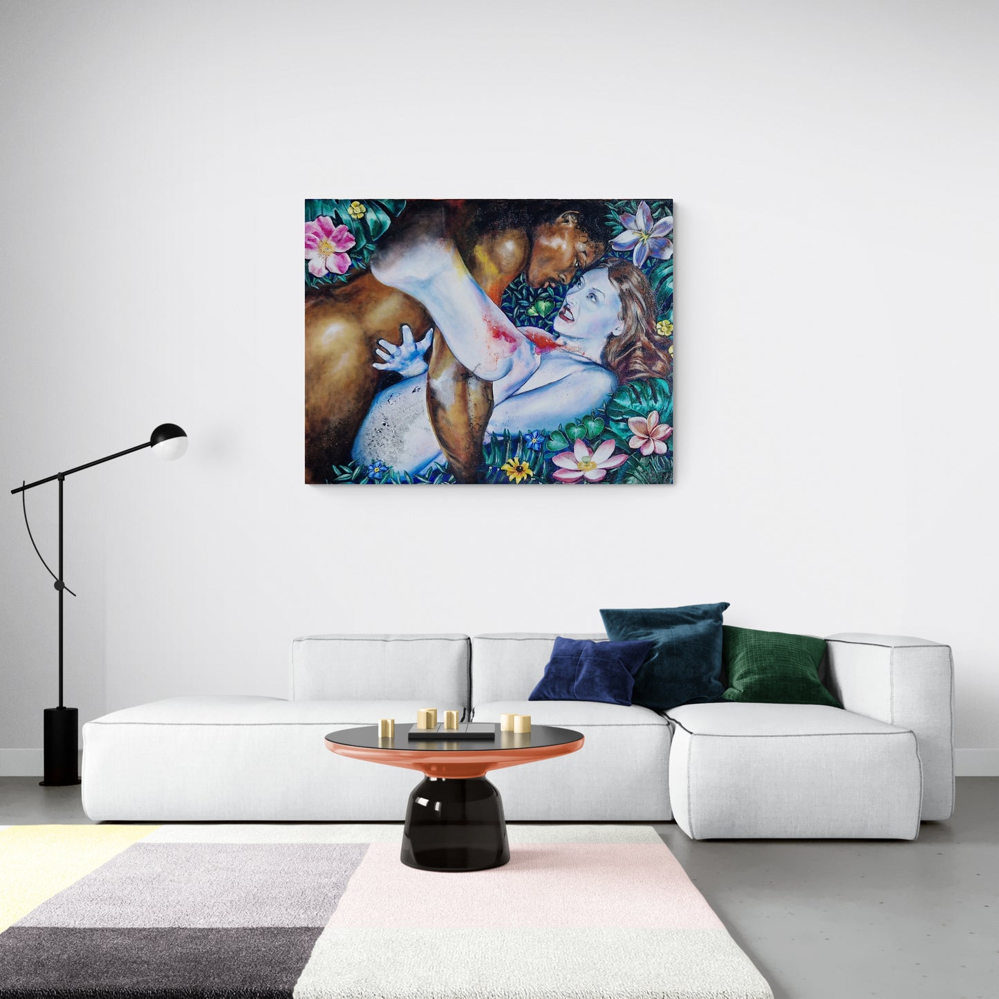 Dette store oljemaleriet av Trond Berg-Nilssen skildrer en intim forbindelse mellom to mennesker, omkranset av en overflod av fargerike blomster og naturens frodighet.