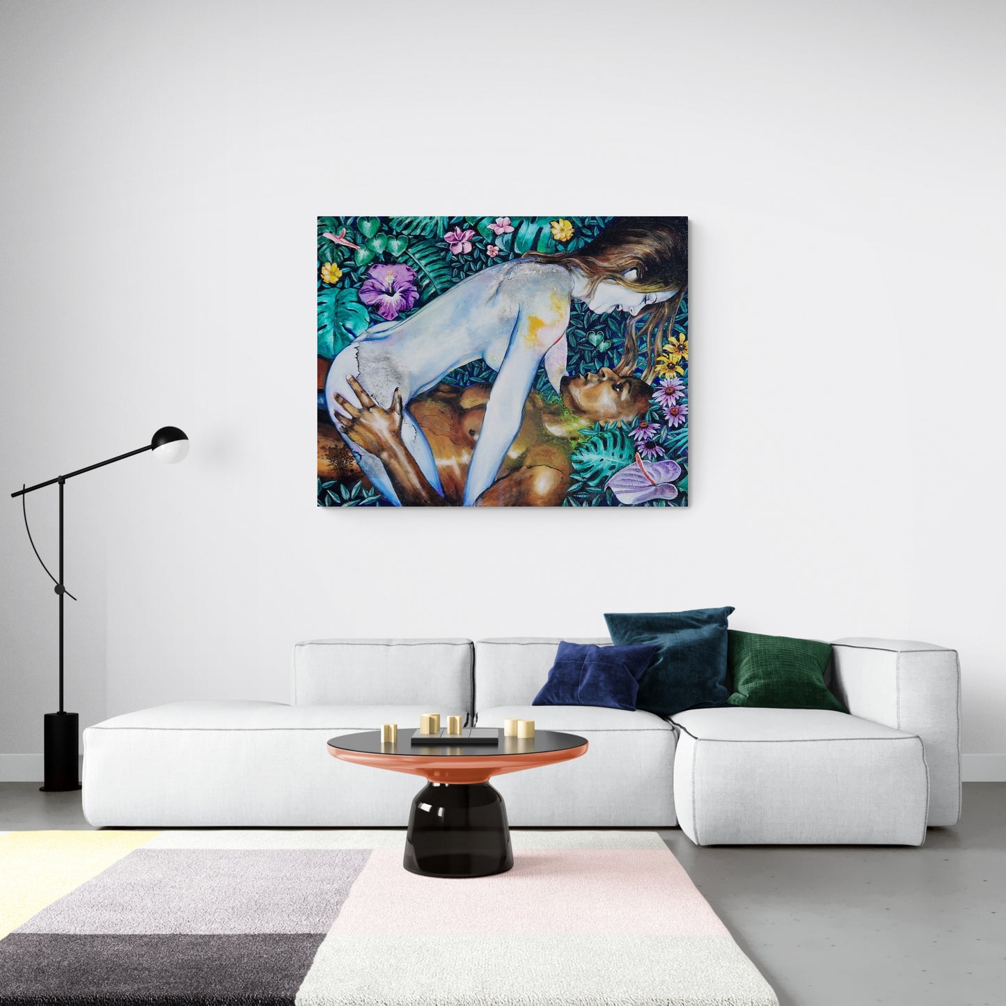 Dette store oljemaleriet av Trond Berg-Nilssen er en intens utforskning av menneskelige følelser og samspill, satt mot en blomstrende bakgrunn som symboliserer naturens evige syklus.