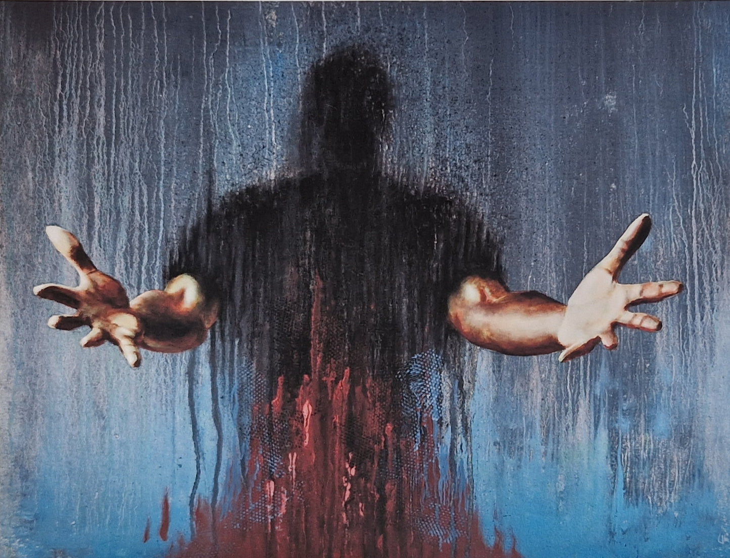 Dette store kunsttrykket av Trond Berg-Nilssen er en kraftfull kritikk av en manipulatorisk lederfigur, tydelig inspirert av president Trump som en forførende og dominert kraft.