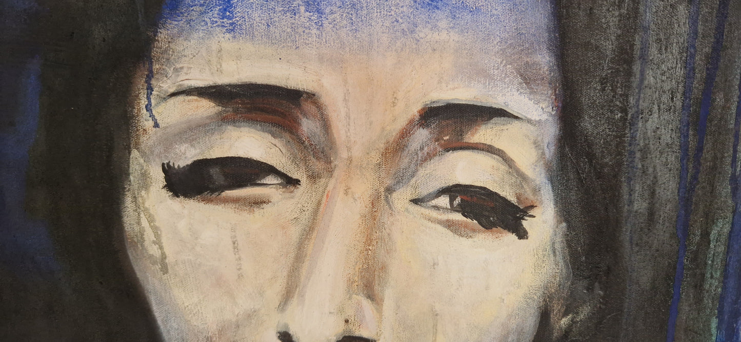 Dette kunstverket av Trond Berg-Nilssen innkapsler en intensitet av følelser og kultur, hvor ansiktene til kvinner uttrykker en blanding av styrke, sorg, sinne og opprør.