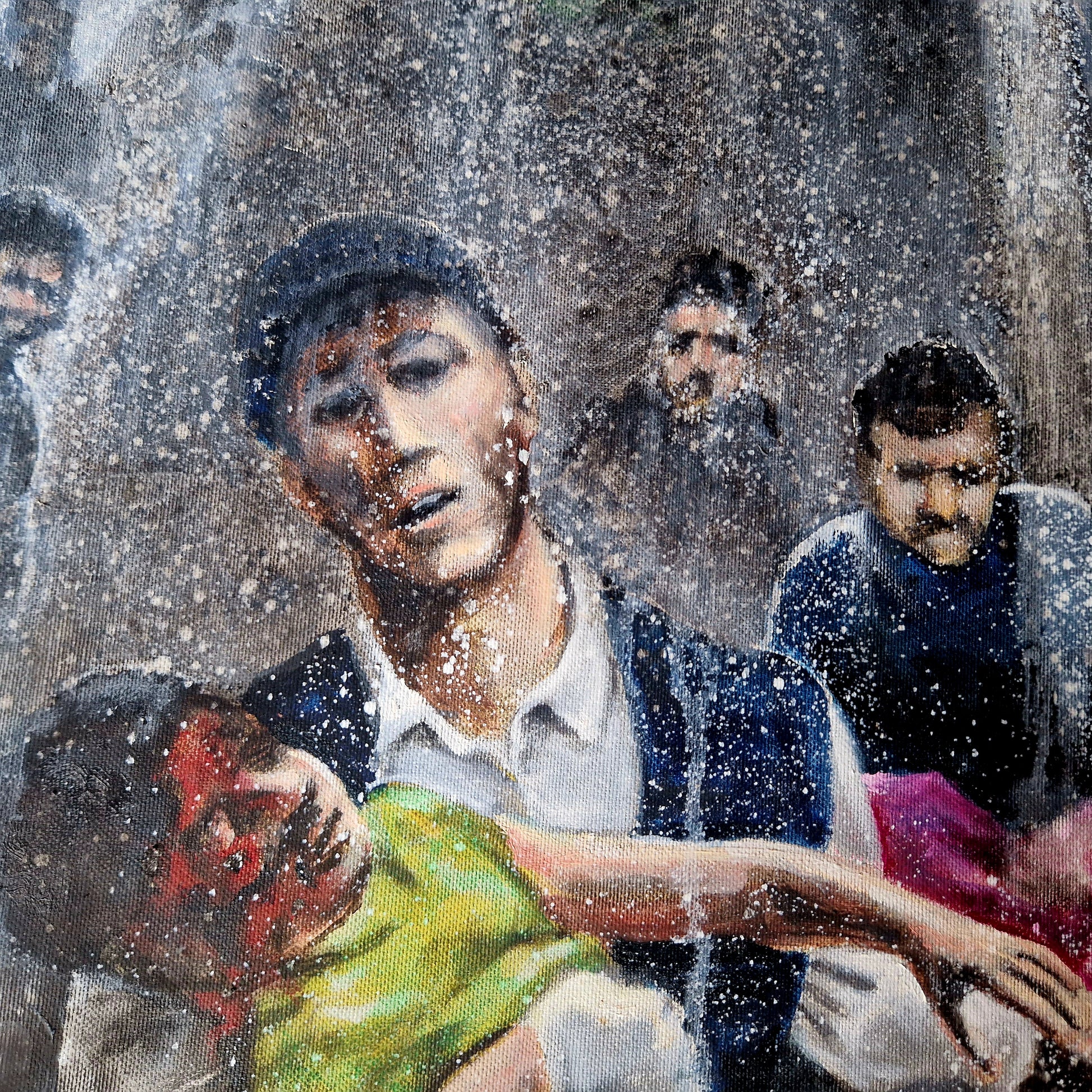 Dette store oljemaleriet av Trond Berg-Nilssen viser en kraftfull kontrast mellom de feststemte personene i forgrunnen og den dystre realiteten i Gaza som de tilsynelatende ignorerer.