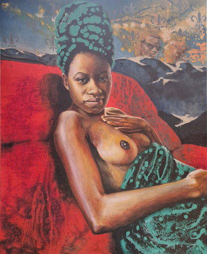 Dette maleriet av Trond Berg-Nilssen fanger en sterk og kompromissløs kvinne, hvor det naturlige og det menneskelige smelter sammen i en kraftfull komposisjon. 