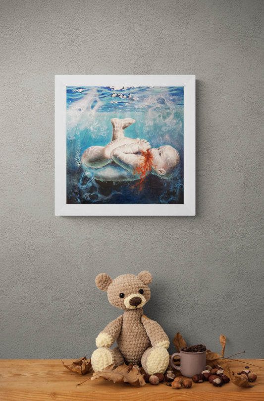 Dette kunsttrykket av Trond Berg-Nilssen skildrer en dyptgående og urovekkende kommentar om menneskets natur, hvor babyen under vann ser ut til å fortære seg selv. 