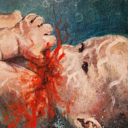 Dette kunsttrykket av Trond Berg-Nilssen skildrer en dyptgående og urovekkende kommentar om menneskets natur, hvor babyen under vann ser ut til å fortære seg selv. 