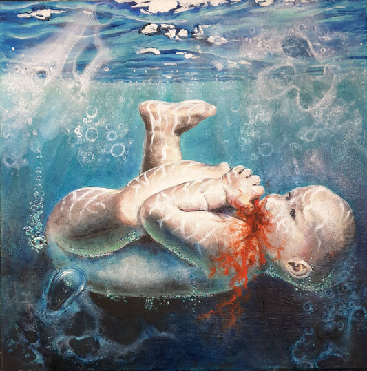 Dette kunsttrykket av Trond Berg-Nilssen skildrer en dyptgående og urovekkende kommentar om menneskets natur, hvor babyen under vann ser ut til å fortære seg selv. 