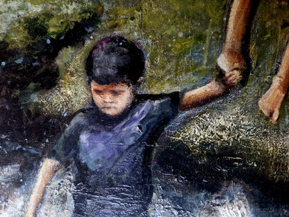Dette kunsttrykket av Trond Berg-Nilssen er en kraftfull og gripende skildring av familiens kamp og utholdenhet i møte med motgang. De søkende, ansiktene til barna og den beskyttende kroppen til faren uttrykker både frykt, håp og kjærlighet.