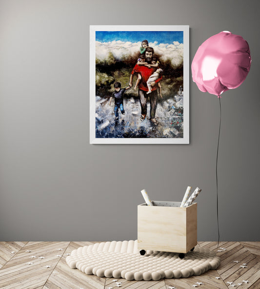 Dette kunsttrykket av Trond Berg-Nilssen er en kraftfull og gripende skildring av familiens kamp og utholdenhet i møte med motgang. De søkende, ansiktene til barna og den beskyttende kroppen til faren uttrykker både frykt, håp og kjærlighet.