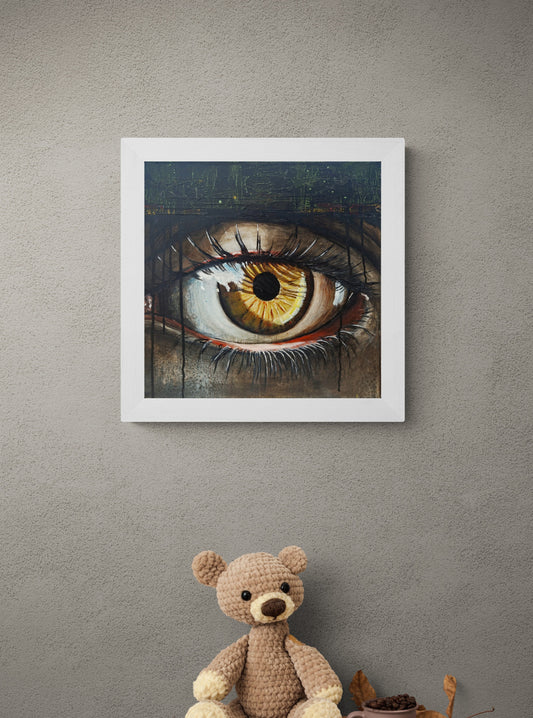 Dette kunsttrykket er av et øye som ser på verden med flegmatisk ro.