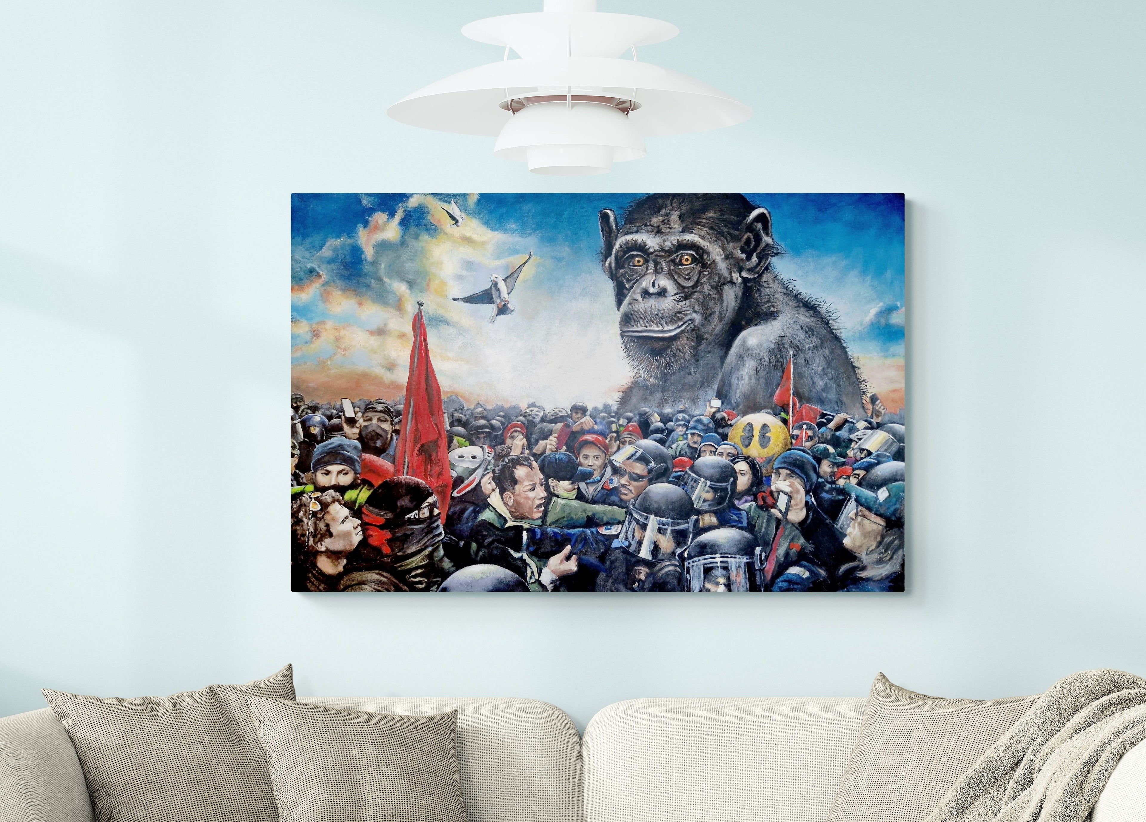 Dette kunsttrykket av Trond Berg-Nilssen er en kraftfull kommentar til menneskets natur og samfunnets dynamikk. 