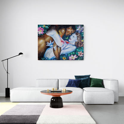 Dette store oljemaleriet av Trond Berg-Nilssen skildrer en intim forbindelse mellom to mennesker, omkranset av en overflod av fargerike blomster og naturens frodighet.