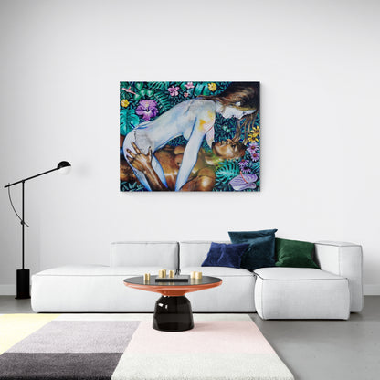 Dette store oljemaleriet av Trond Berg-Nilssen er en intens utforskning av menneskelige følelser og samspill, satt mot en blomstrende bakgrunn som symboliserer naturens evige syklus.