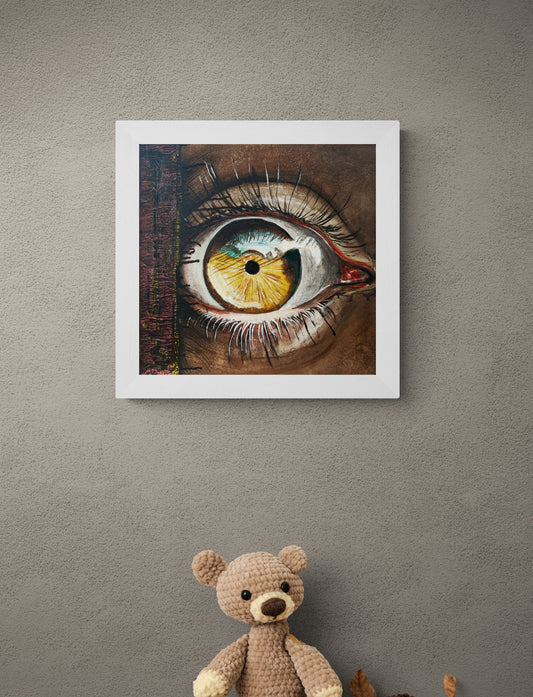 Dette kunsttrykket av Trond Berg-Nilssen av et øye som ser på verden med panikk.