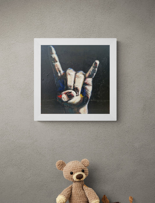 Dette kunsttrykket av Trond Berg-Nilssen er en kraftfull og intens framstilling av en hånd som viser et symbolsk tegn. Det formidler en følelse av kontroll og manipulering. 