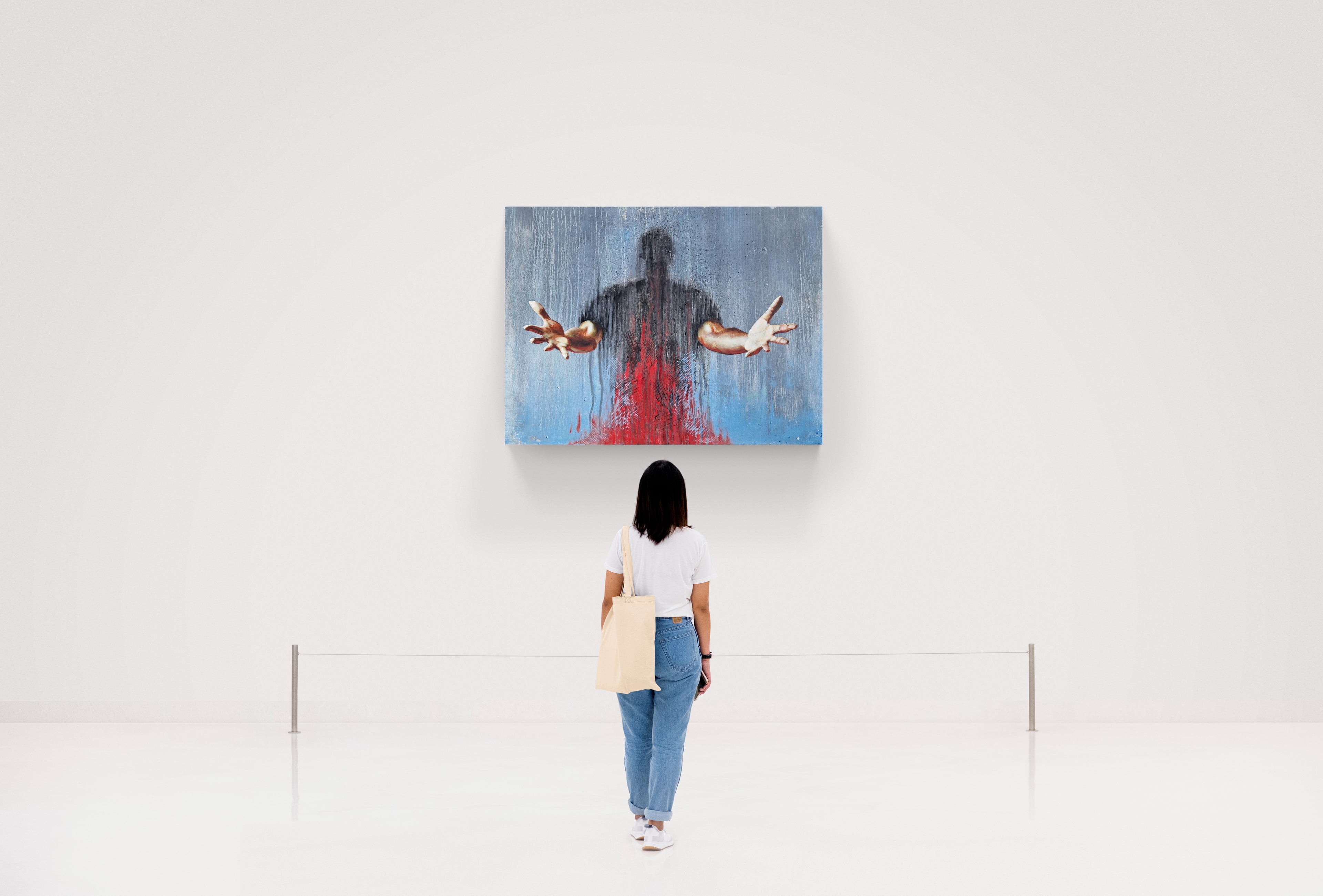 Dette store maleriet av Trond Berg-Nilssen er en kraftfull kritikk av en manipulatorisk lederfigur, tydelig inspirert av president Trump som en forførende og dominert kraft.