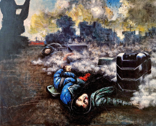 Dette kunstrykket av Trond Berg-Nilssen formidler en sterk følelse av katastrofe og menneskelig tragedie gjennom en dramatisk komposisjon og rå uttrykksfullhet. 