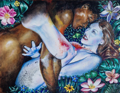 Dette kunsttrykket av Trond Berg-Nilssen er en intens utforskning av menneskelige følelser og samspill, satt mot en blomstrende bakgrunn som symboliserer naturens evige syklus. 