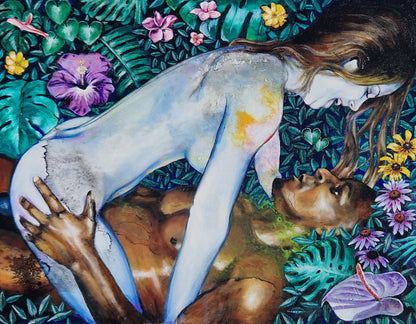 Dette kunsttrykket av Trond Berg-Nilssen skildrer en intim forbindelse mellom to mennesker, omkranset av en overflod av fargerike blomster og naturens frodighet.