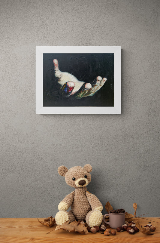 Dette kunsttrykket av Trond Berg-Nilssen drar oss inn i en intens og nesten urovekkende utforskning av kropp og følelser. 